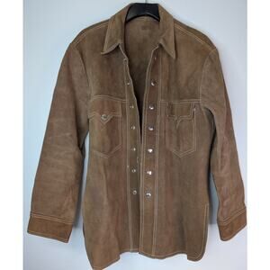 Vintage Men’s Brown Suede Shacket Jacket Snaps White Stitching Medium EUC